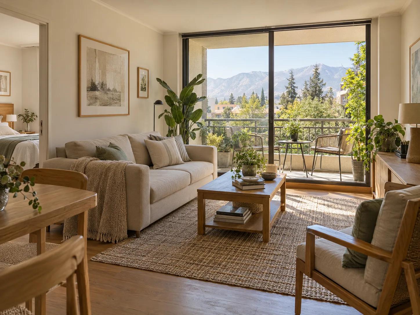 Sala de estar familiar abierta hacia un jardín privado