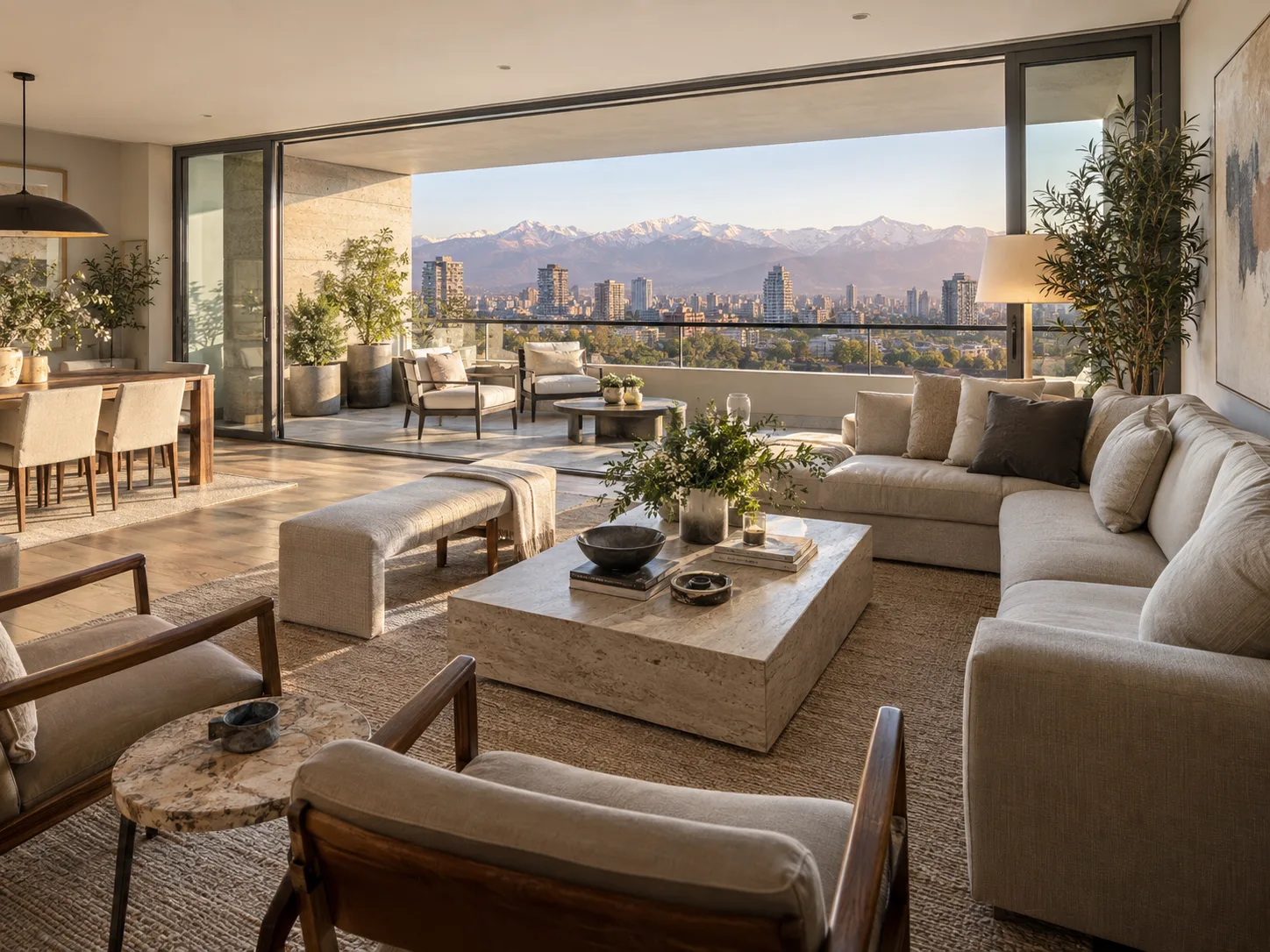 Living amplio con vista a la cordillera desde grandes ventanales