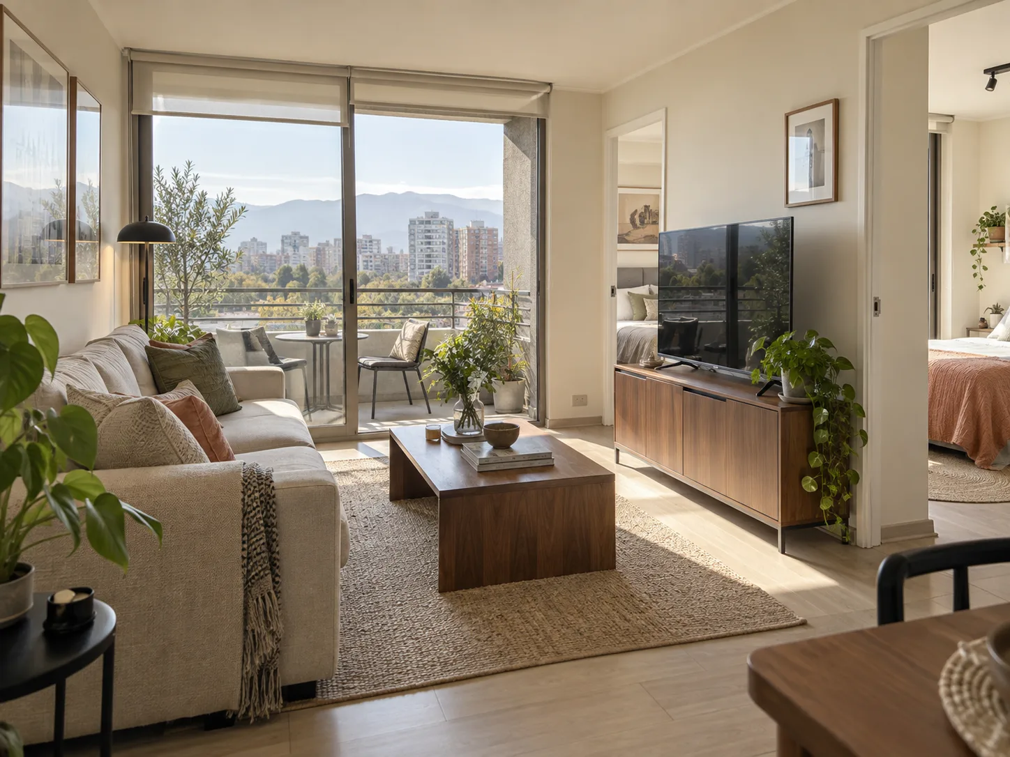 Sala de estar luminosa con balcón y mobiliario contemporáneo