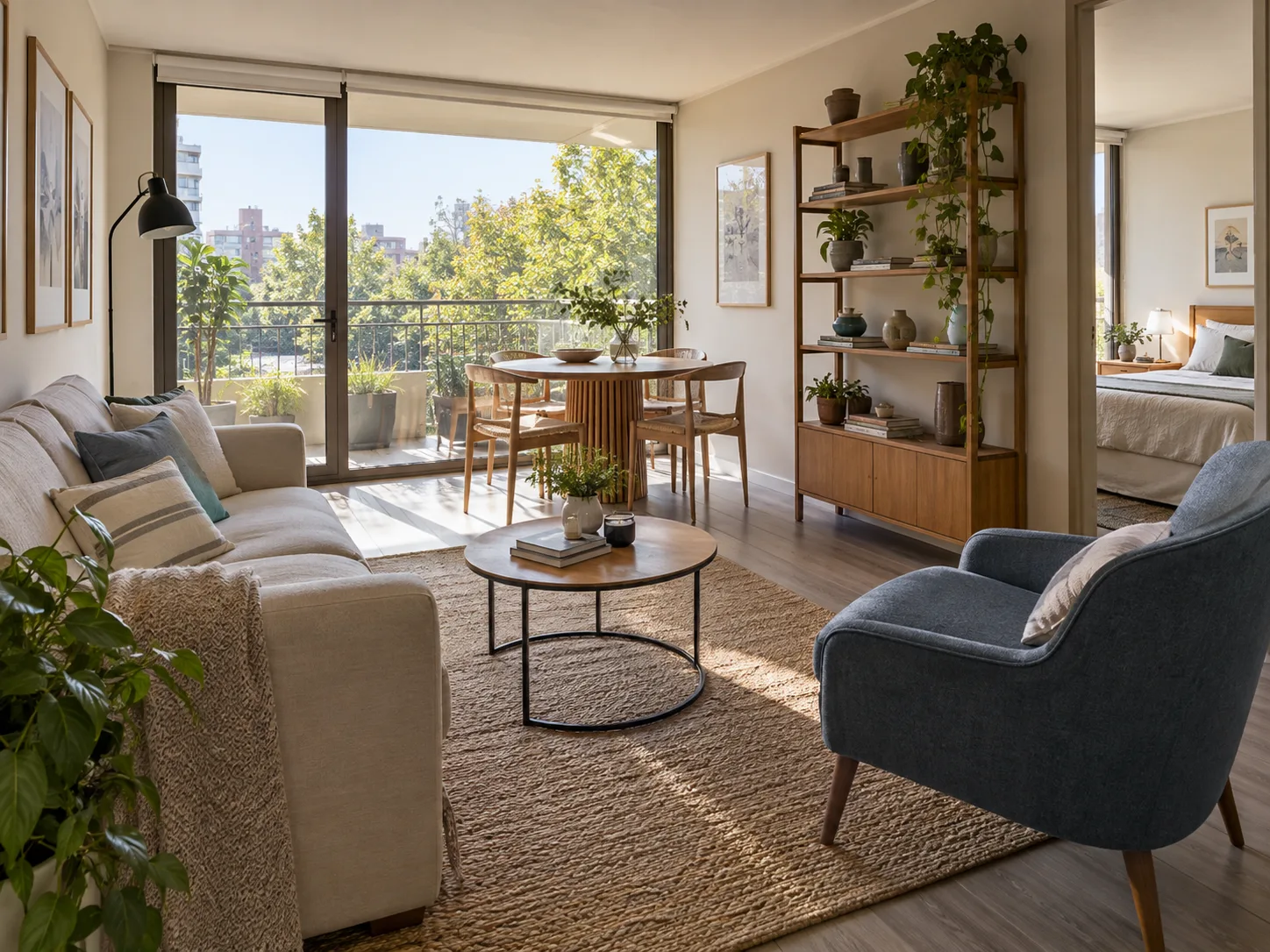 Living claro con detalles de madera y salida a balcón