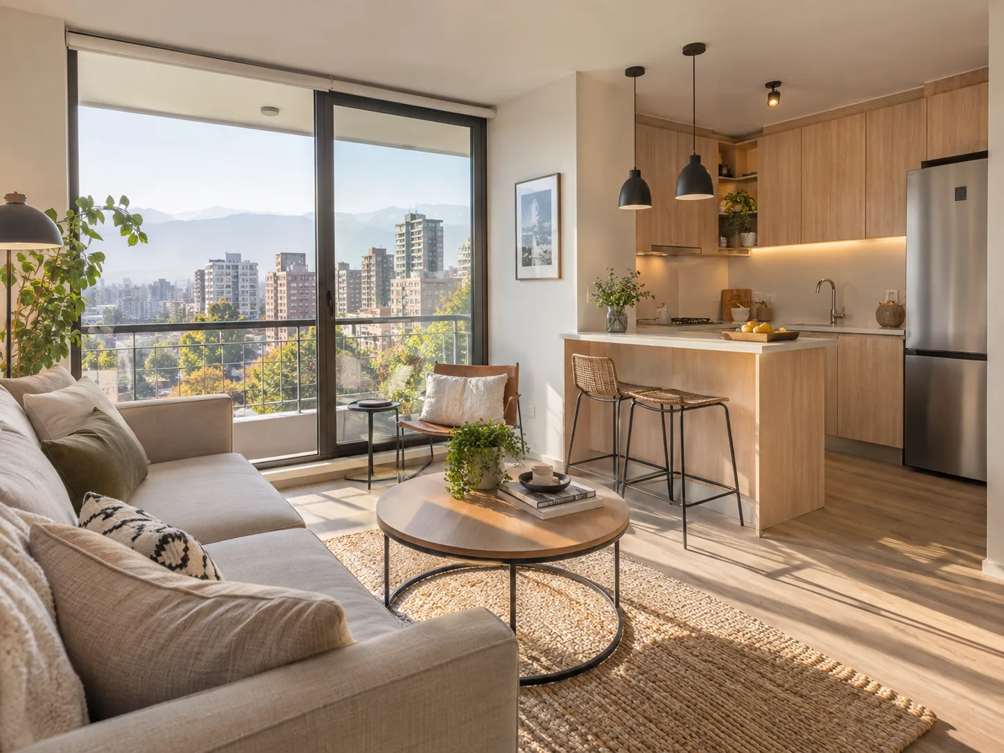 Sala de estar contemporánea con ventanales y tonos cálidos