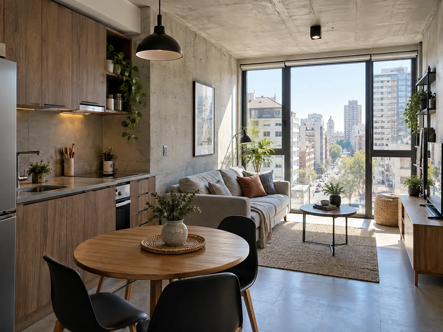 Loft moderno con cocina abierta y abundante luz natural